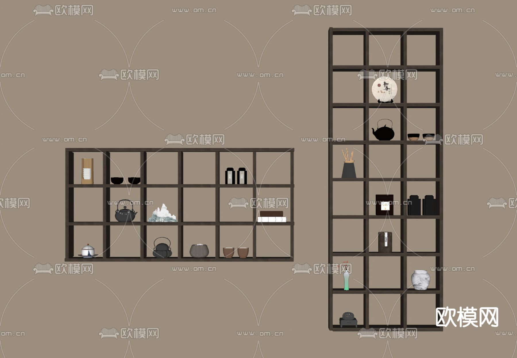 新中式壁柜 茶具 茶罐su模型下载（渲染图2）
