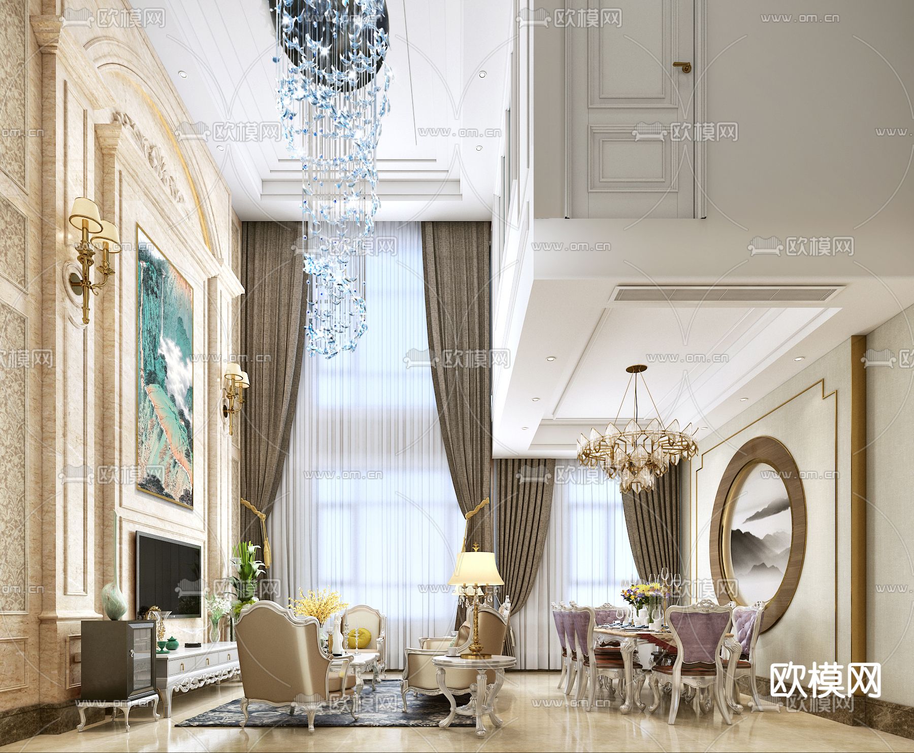 欧式古典 别墅客厅3d模型下载（渲染图2）