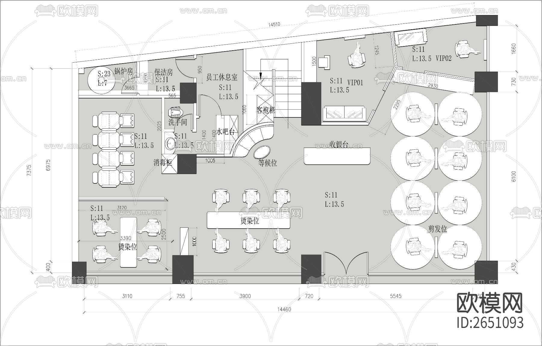 理发店cad平面图下载（渲染图1）