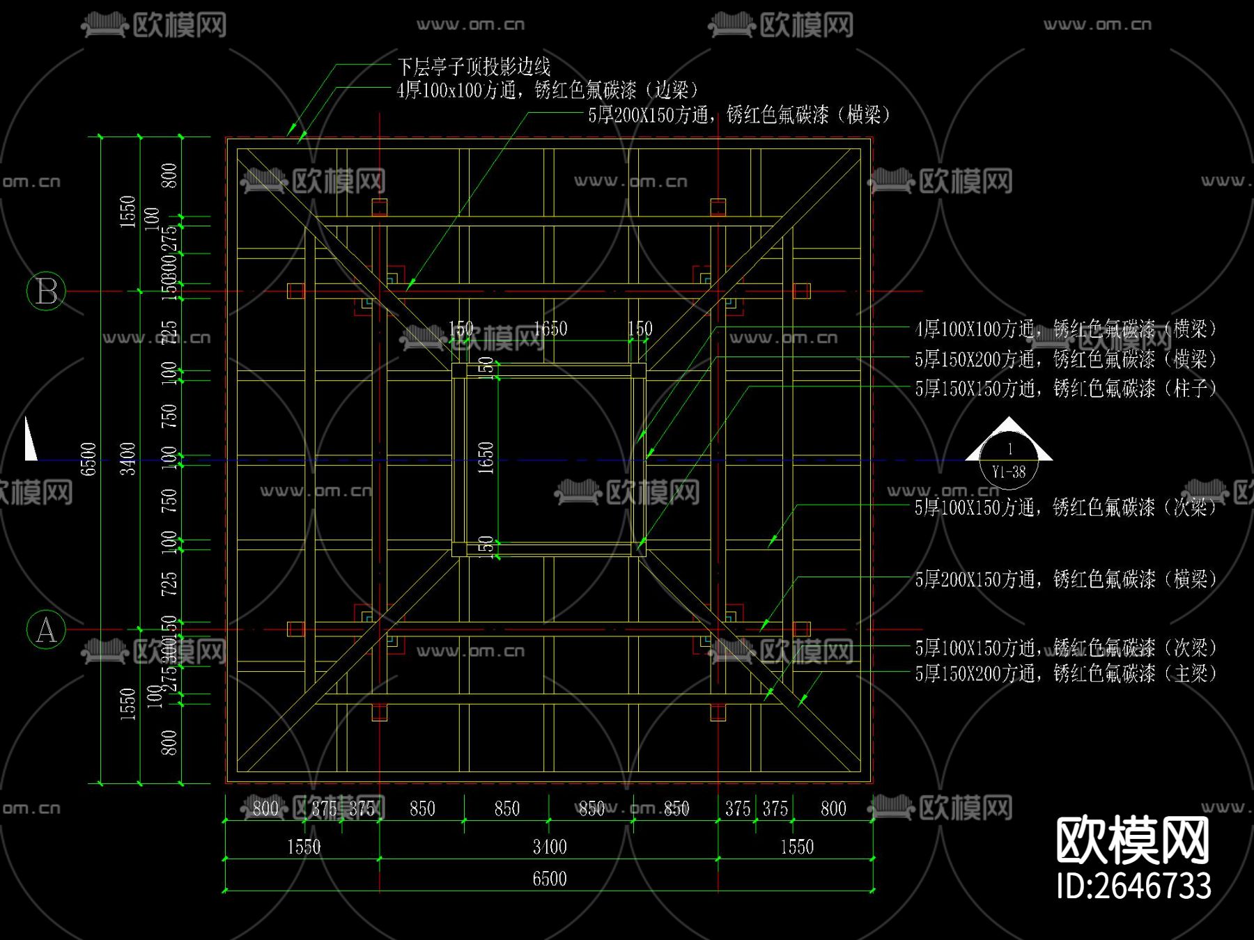 重檐四角木亭CAD节点大样下载（渲染图5）