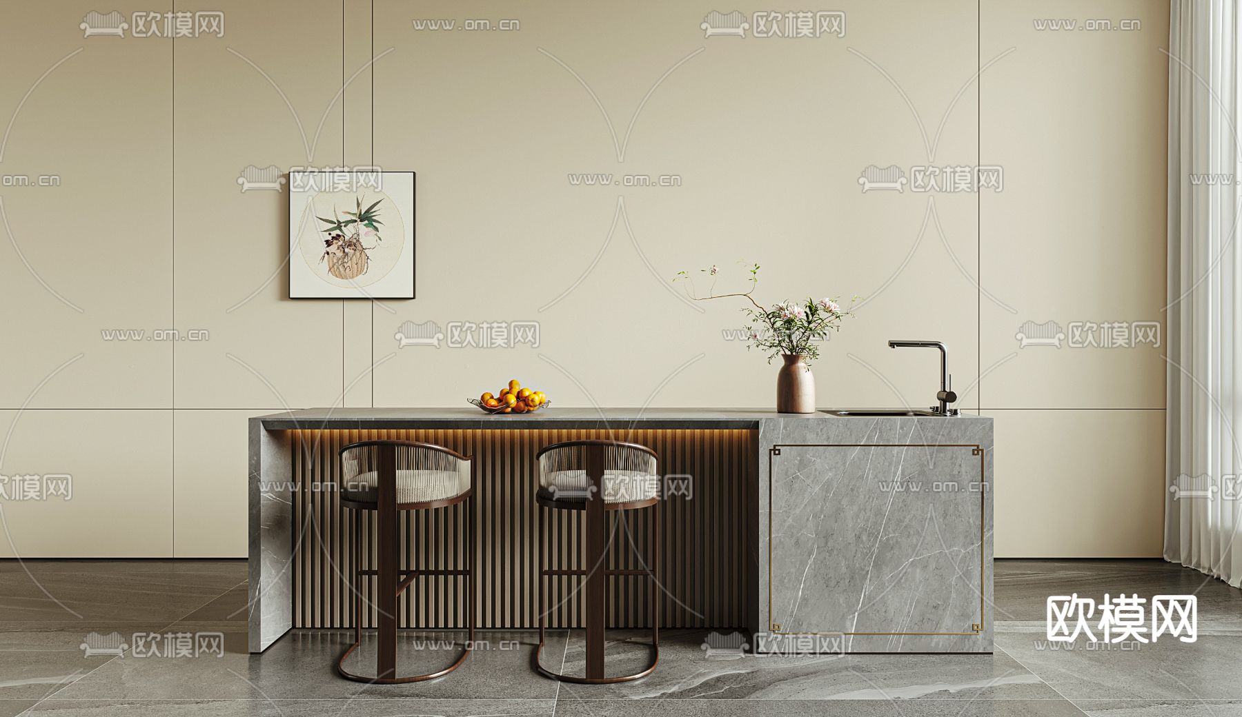 新中式吧台 吧椅3d模型下载