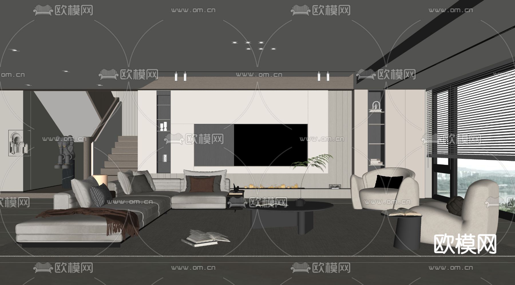 现代客厅su模型下载（渲染图2）