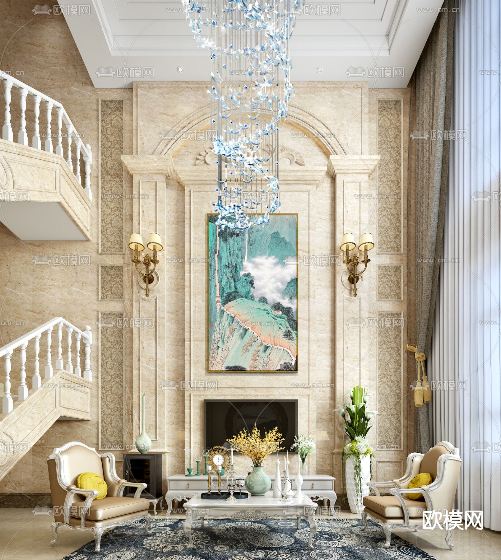 欧式古典 别墅客厅3d模型下载（渲染图1）