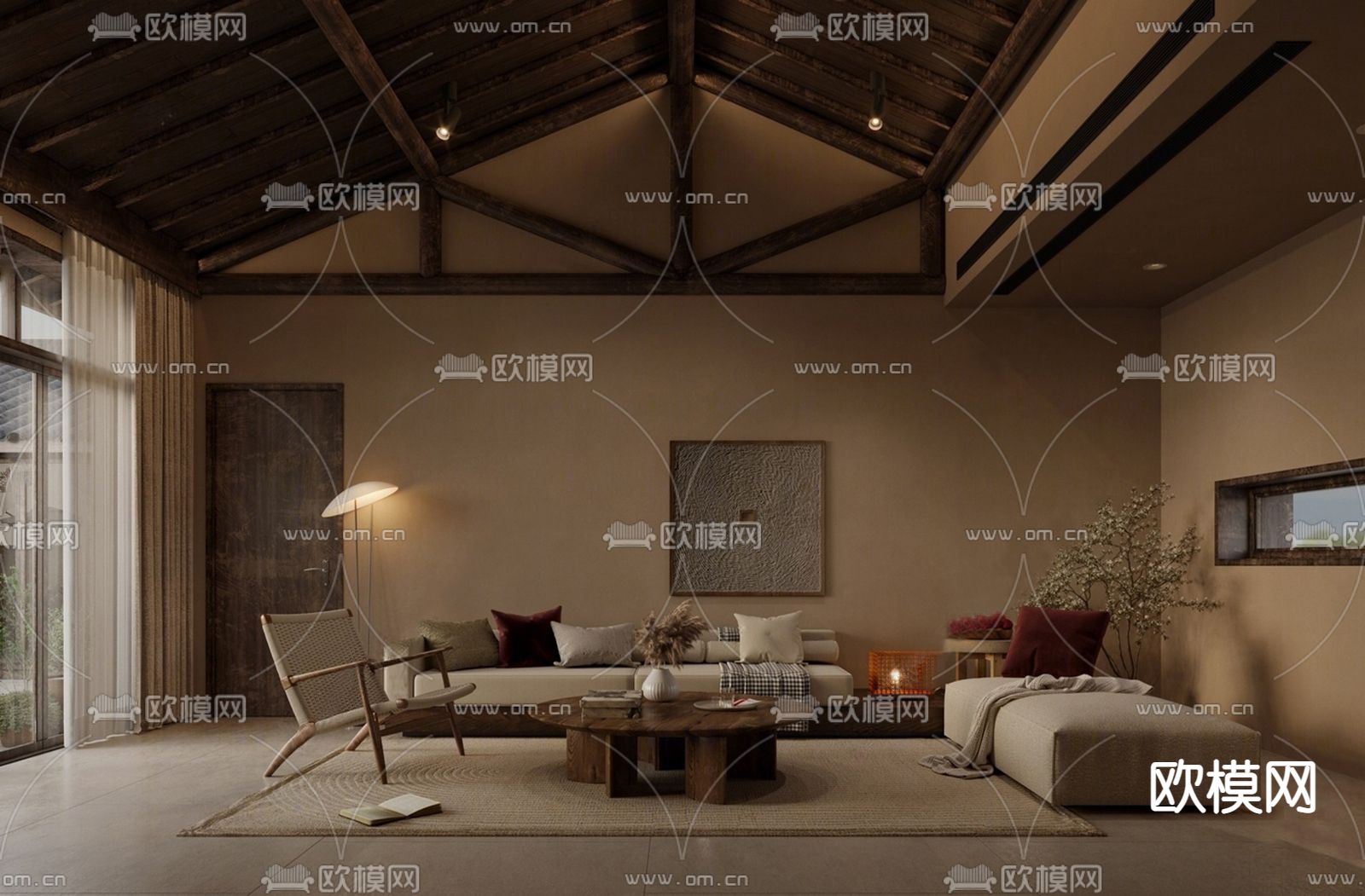 侘寂风民宿客厅su模型下载（渲染图1）