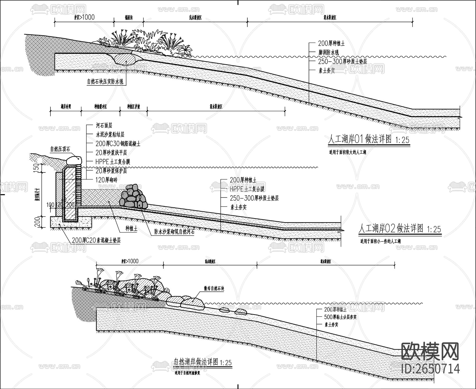 人工湖泊河岸cad大样图下载