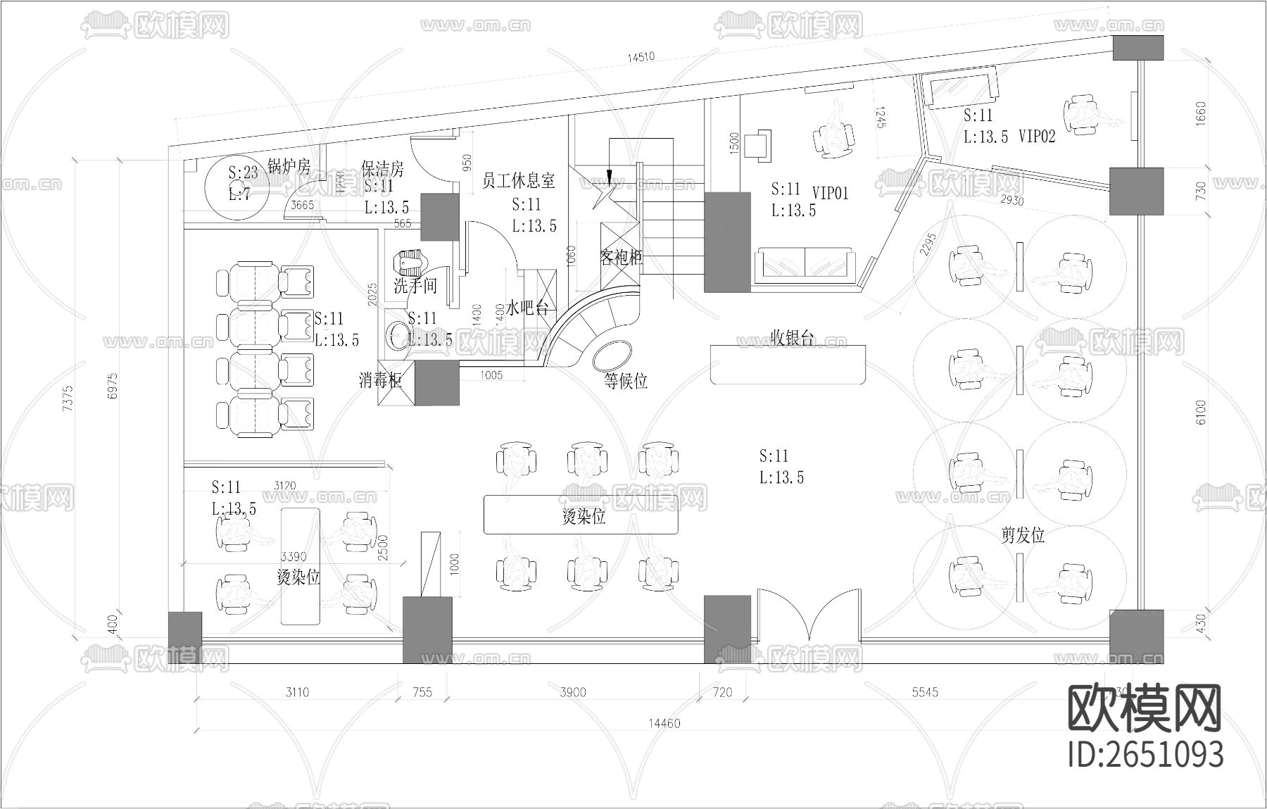 理发店cad平面图下载（渲染图3）