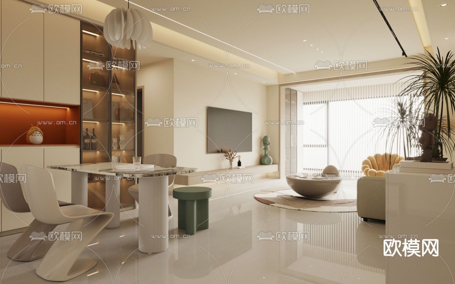 奶油风客餐厅免费3d模型下载_ID14096703_3dmax免费模型-欧模网