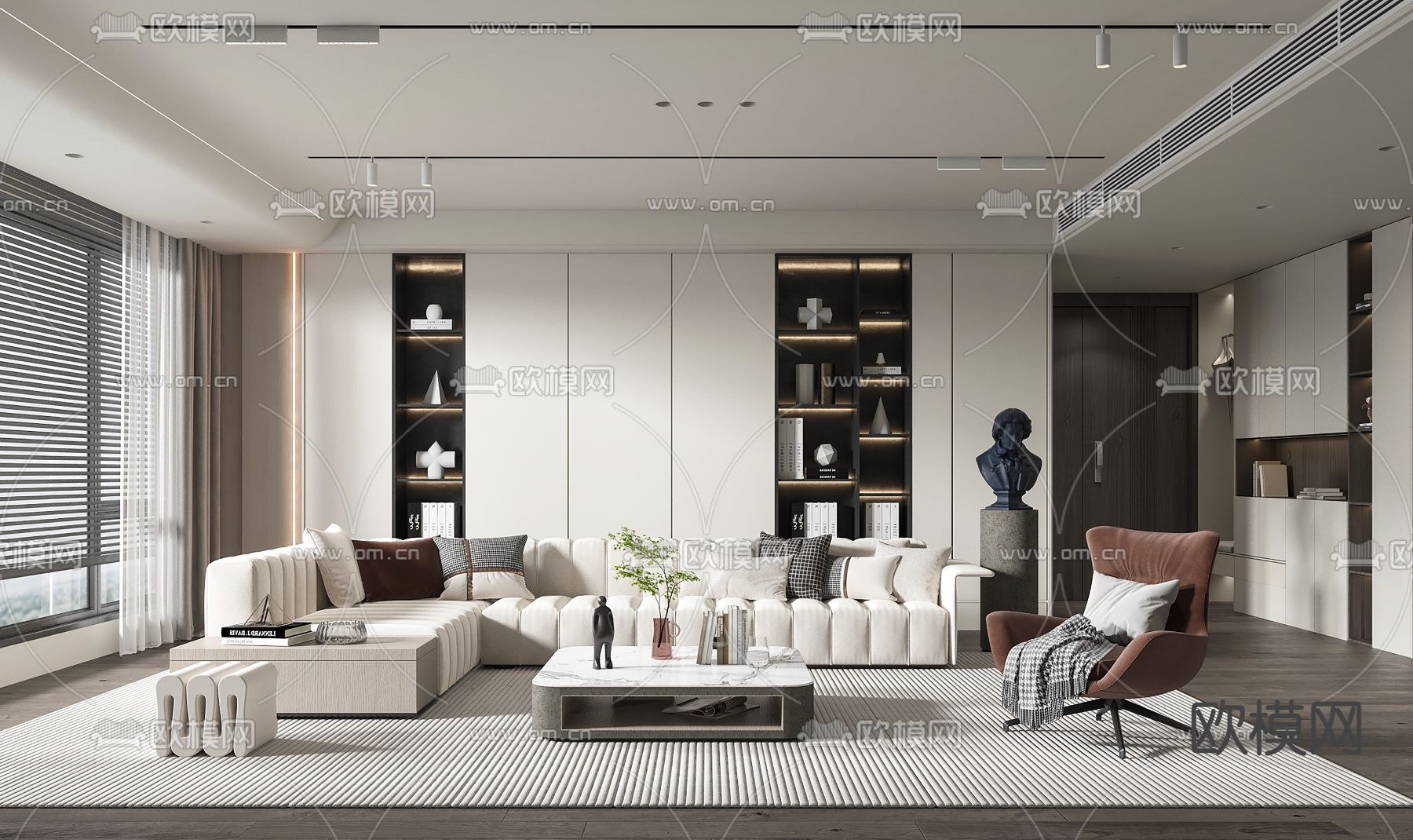 奶油风客厅3d模型下载