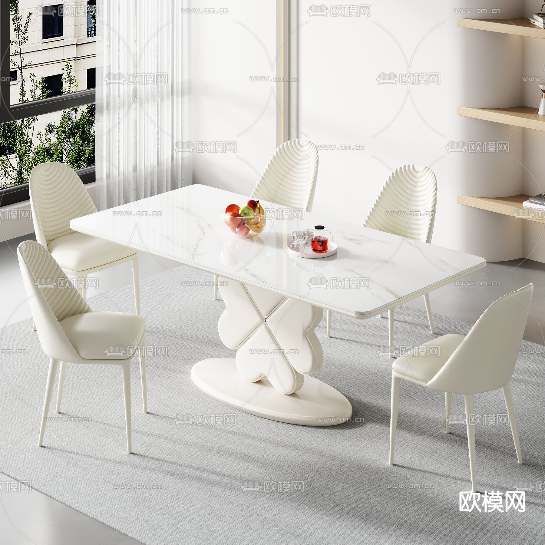 奶油风餐桌椅3d模型下载