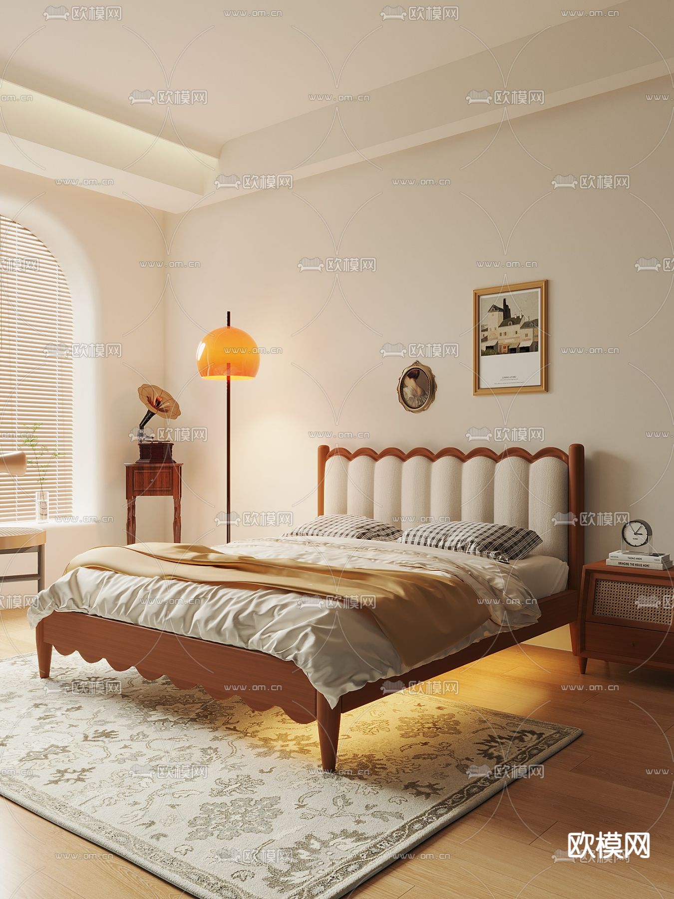 奶油风双人床3d模型下载