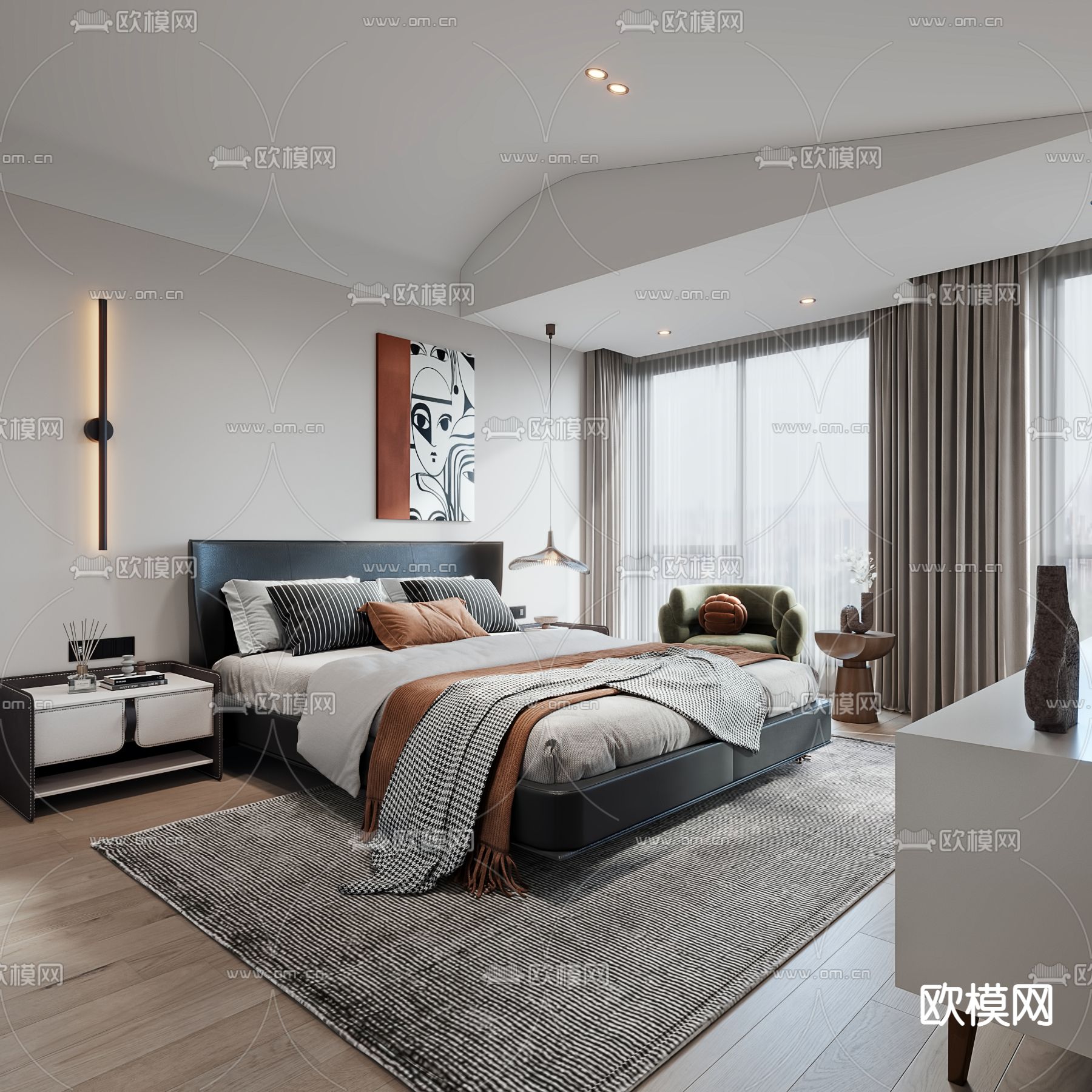 现代卧室 主人房3d模型下载_ID14099962_3dmax免费模型-欧模网