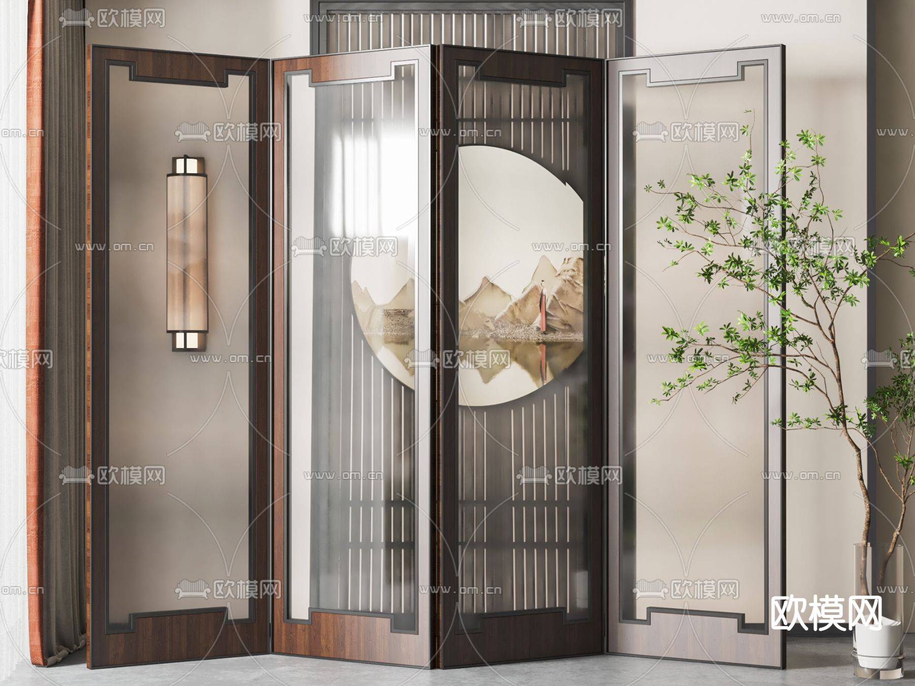新中式屏风隔断su模型下载（渲染图1）