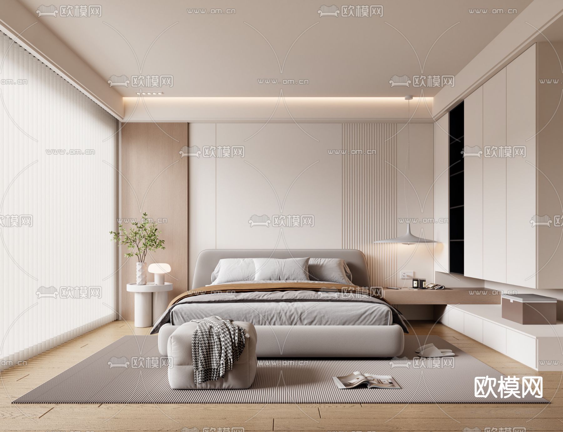 奶油风卧室 主人房3d模型下载（渲染图1）