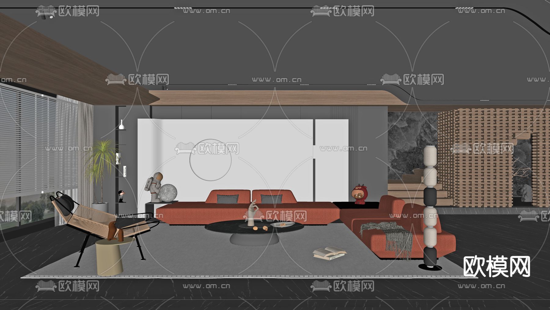 暗黑风客厅su模型下载（渲染图2）