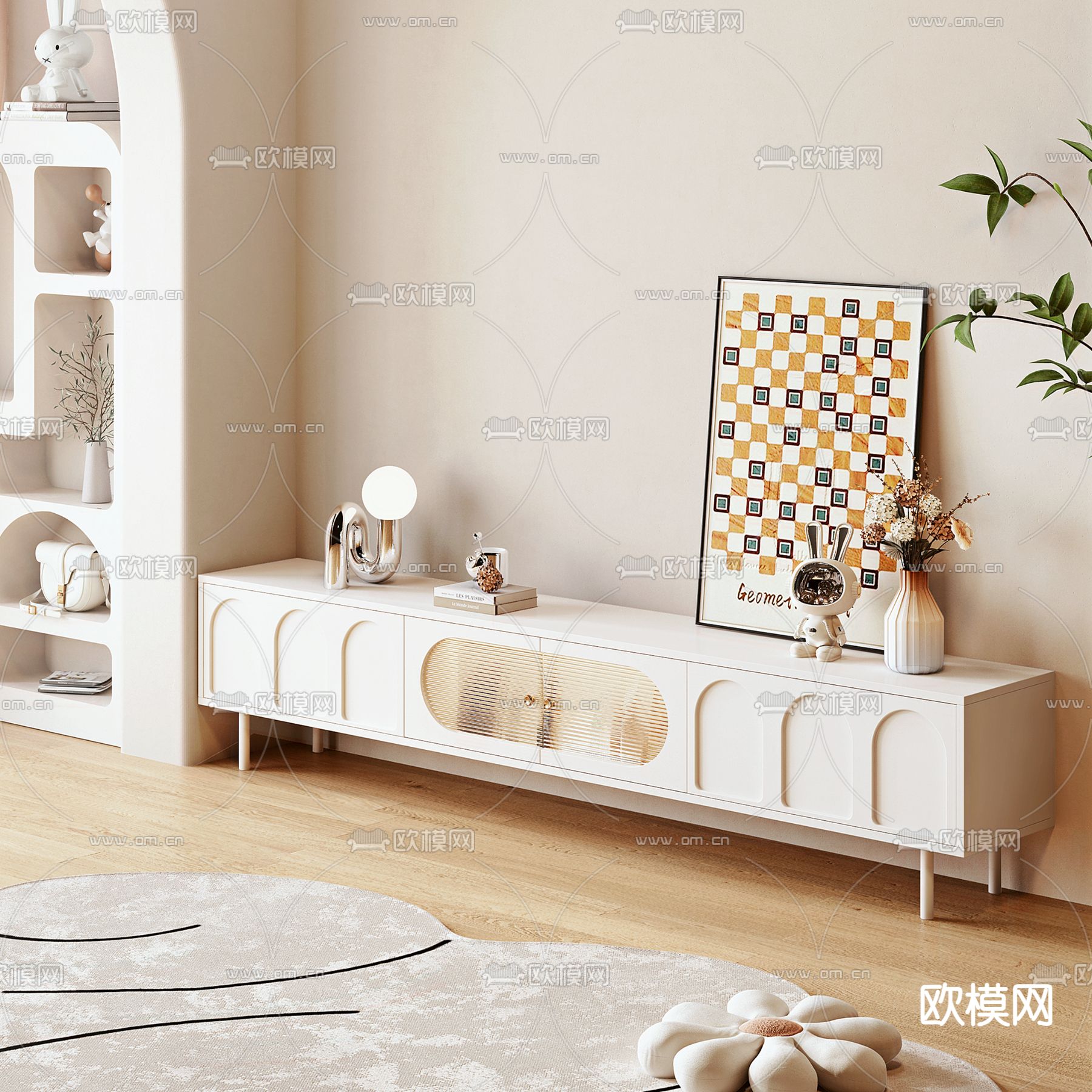 奶油风电视柜su模型
