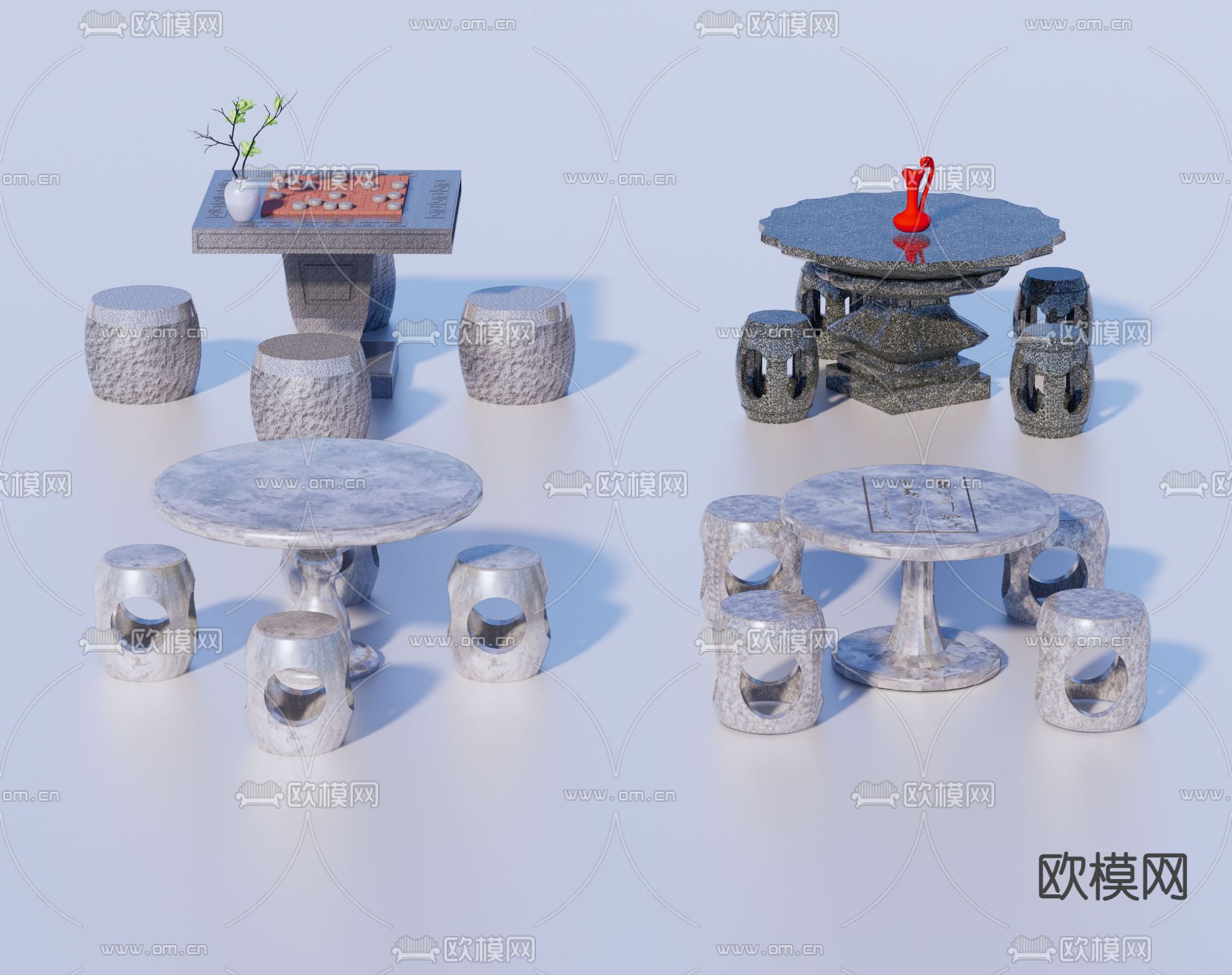 新中式户外桌椅su模型