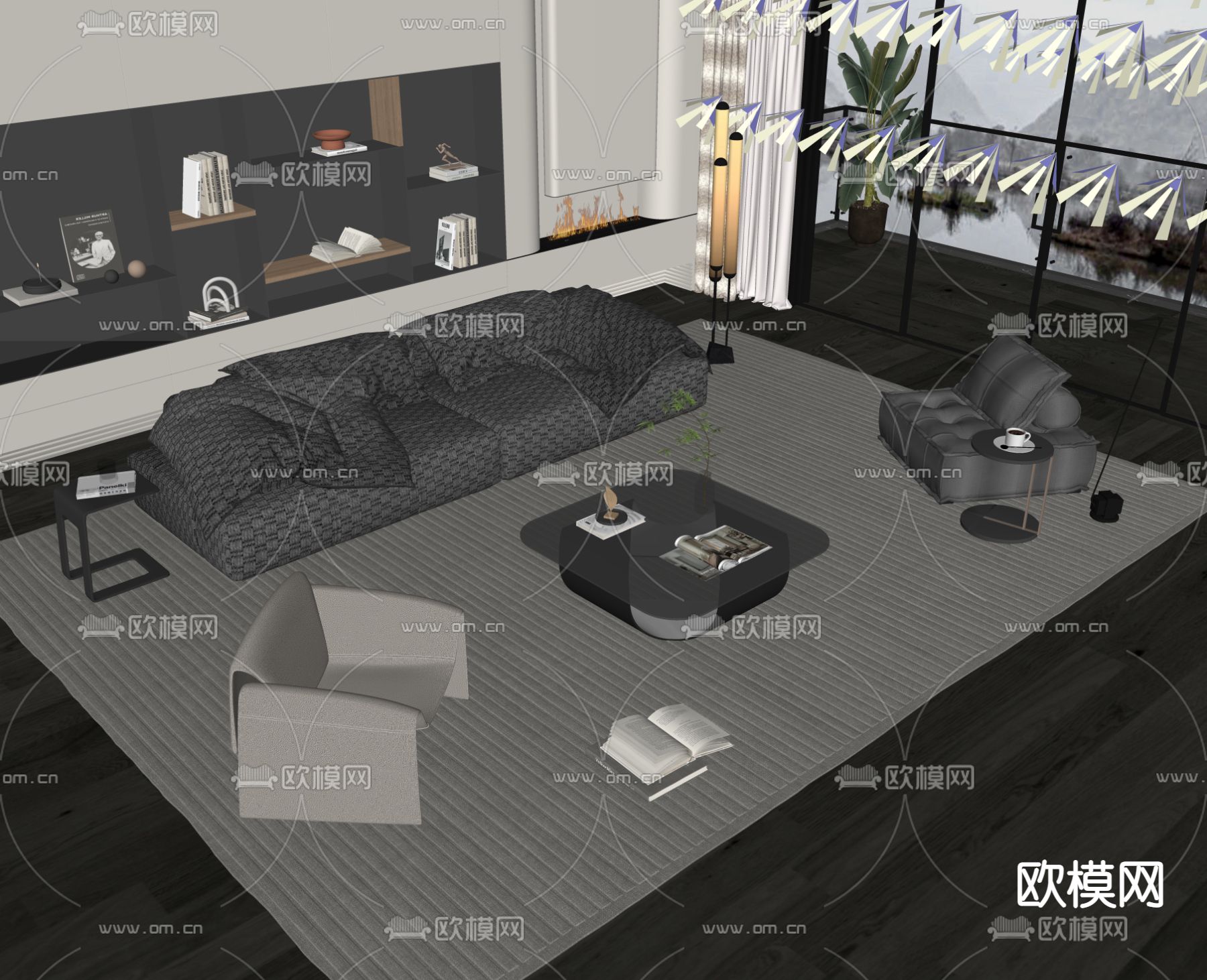 高级灰组合沙发su模型下载（渲染图2）