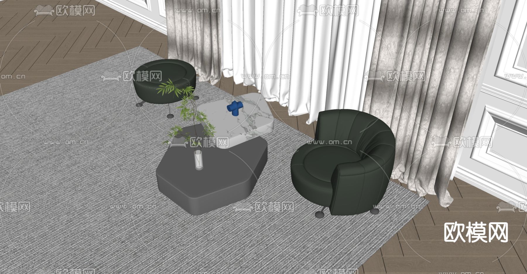 暗黑风单人沙发  子母茶几su模型下载（渲染图2）