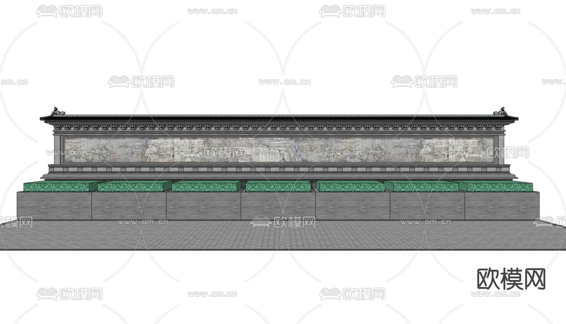 中式浮雕围墙 景墙su模型下载（渲染图2）