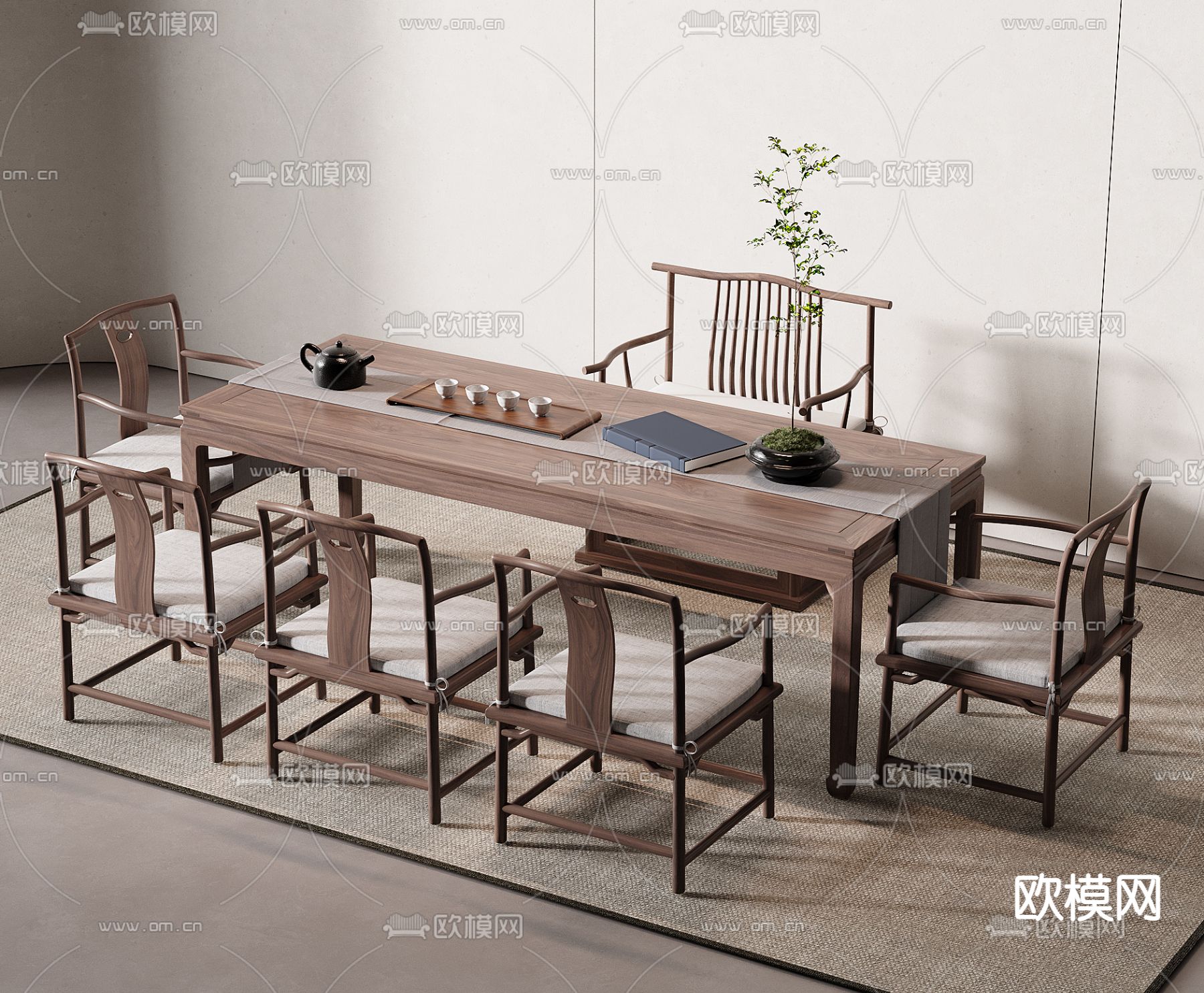 新中式茶桌椅su模型下载（渲染图1）