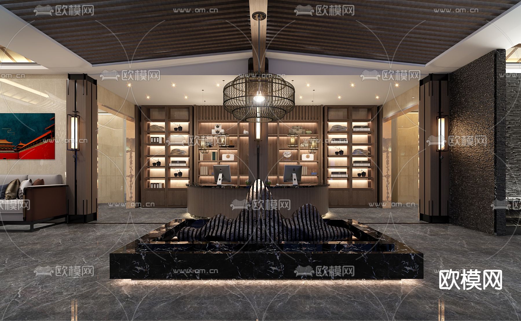 新中式洗浴中心大厅su模型下载（渲染图3）