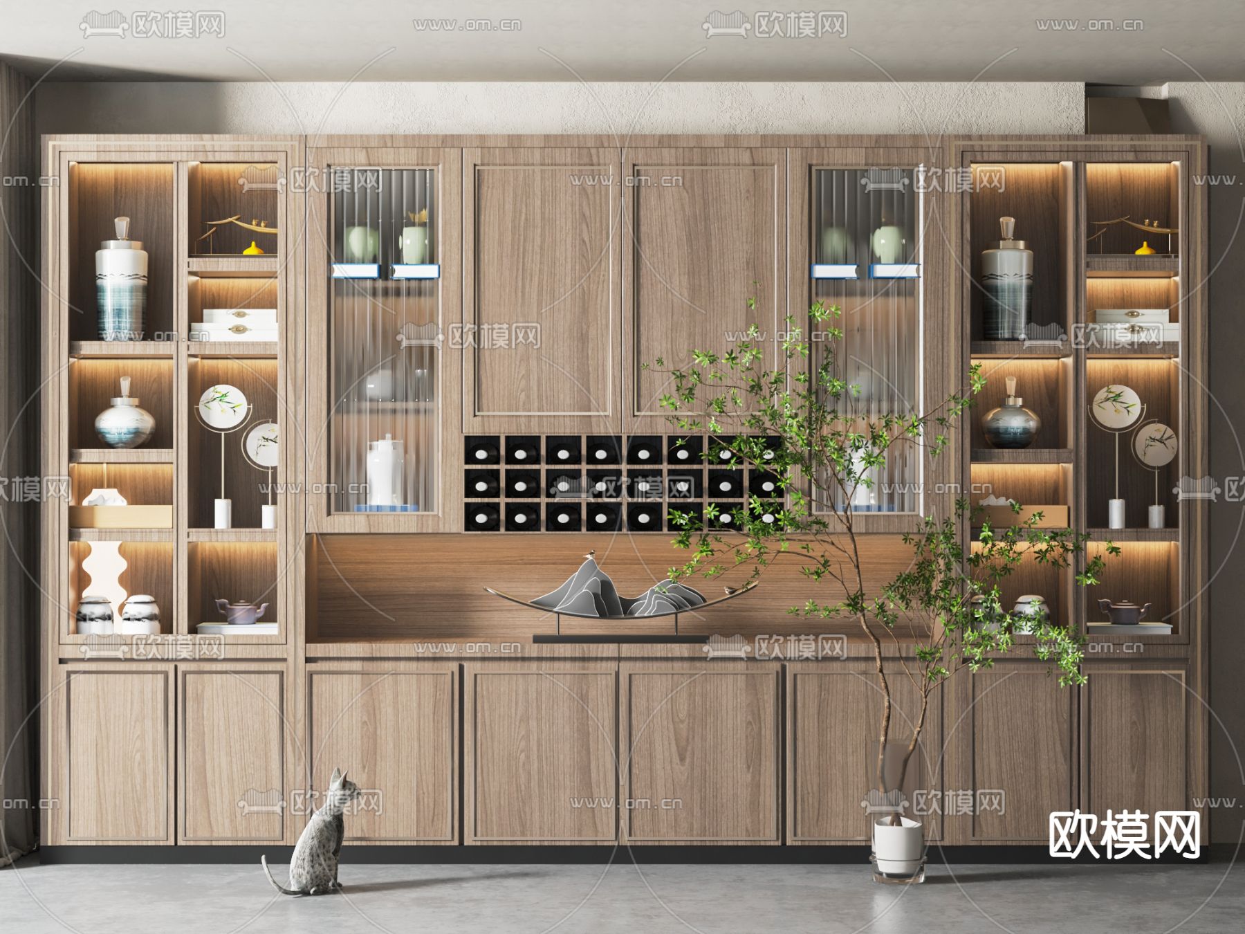 新中式酒柜su模型下载（渲染图1）