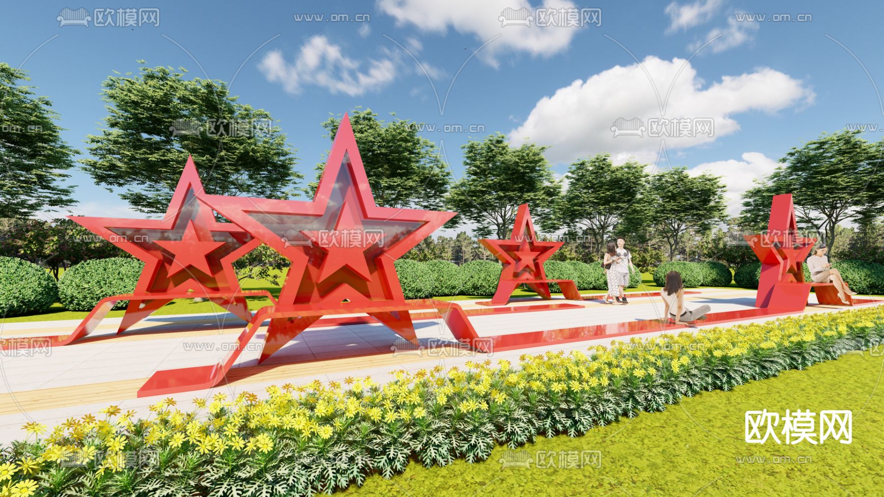 现代党建雕塑su模型下载（渲染图1）