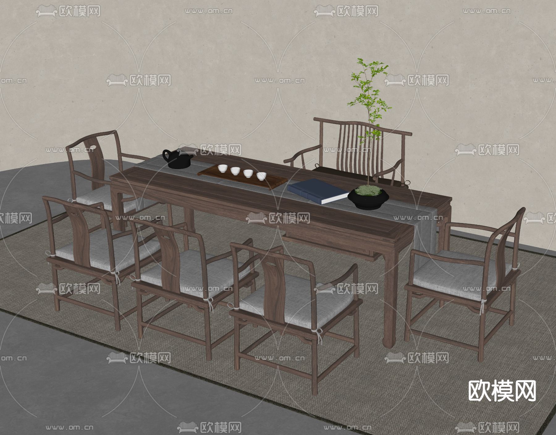 新中式茶桌椅su模型下载（渲染图2）