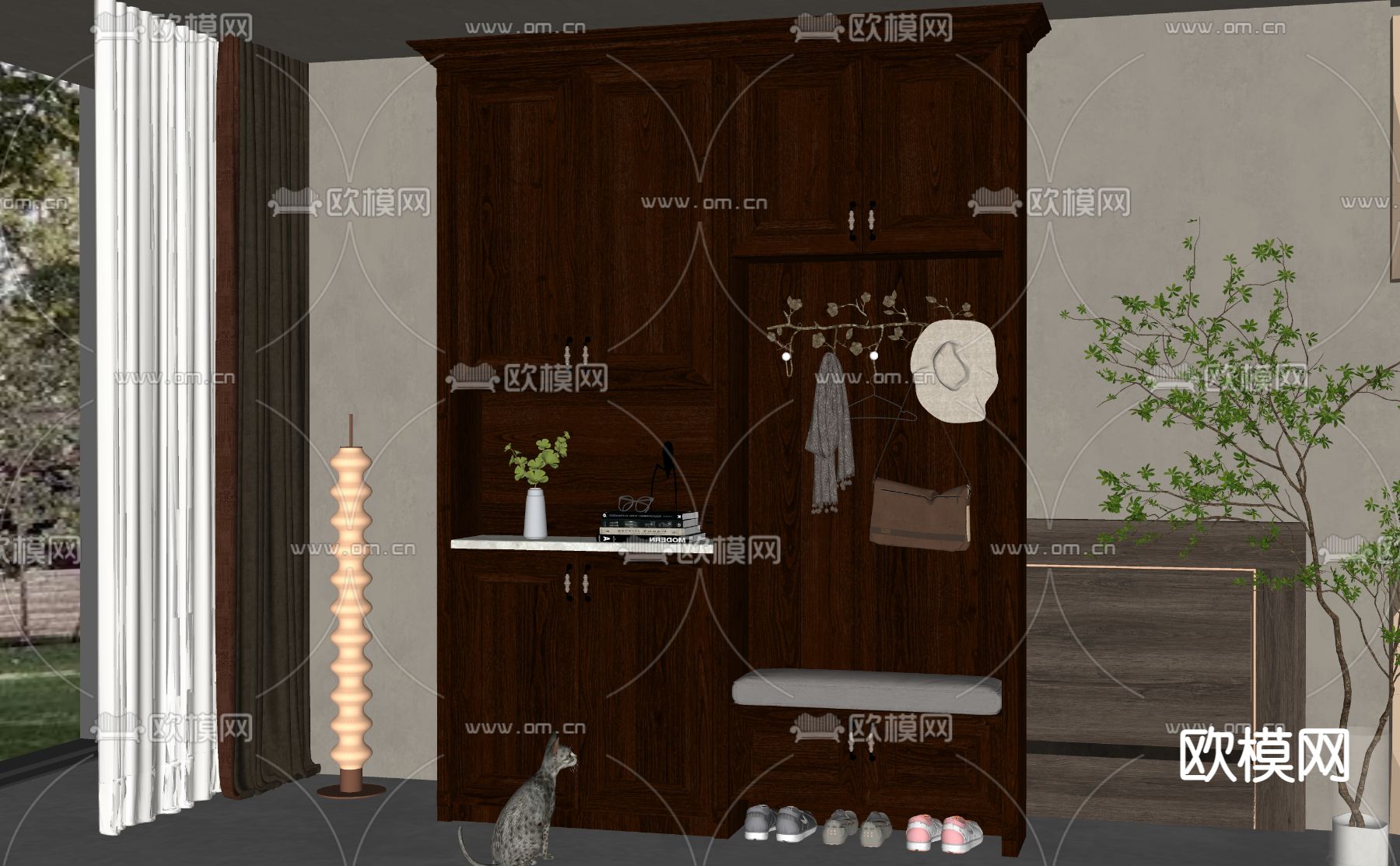 美式入户鞋柜su模型下载（渲染图2）