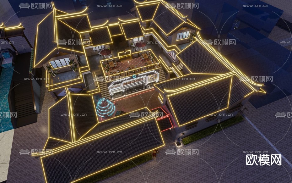 酒店鸟瞰夜景3d模型下载
