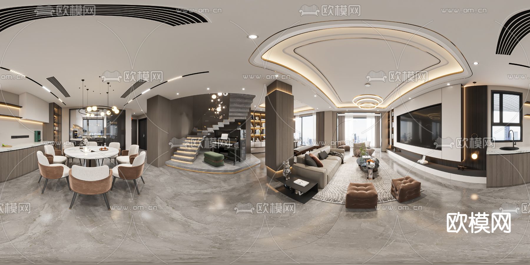 现代客厅 餐厅vr全景3d模型下载_ID14101031_3dmax免费模型-欧模网