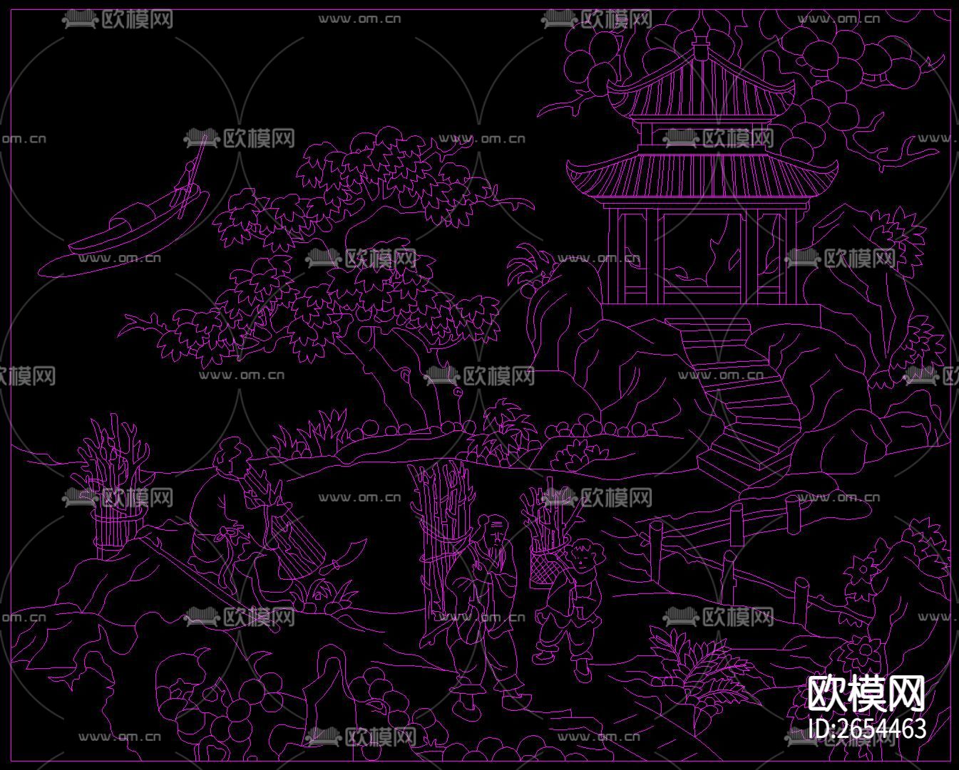 中式雕刻风景画CAD图库下载（渲染图3）