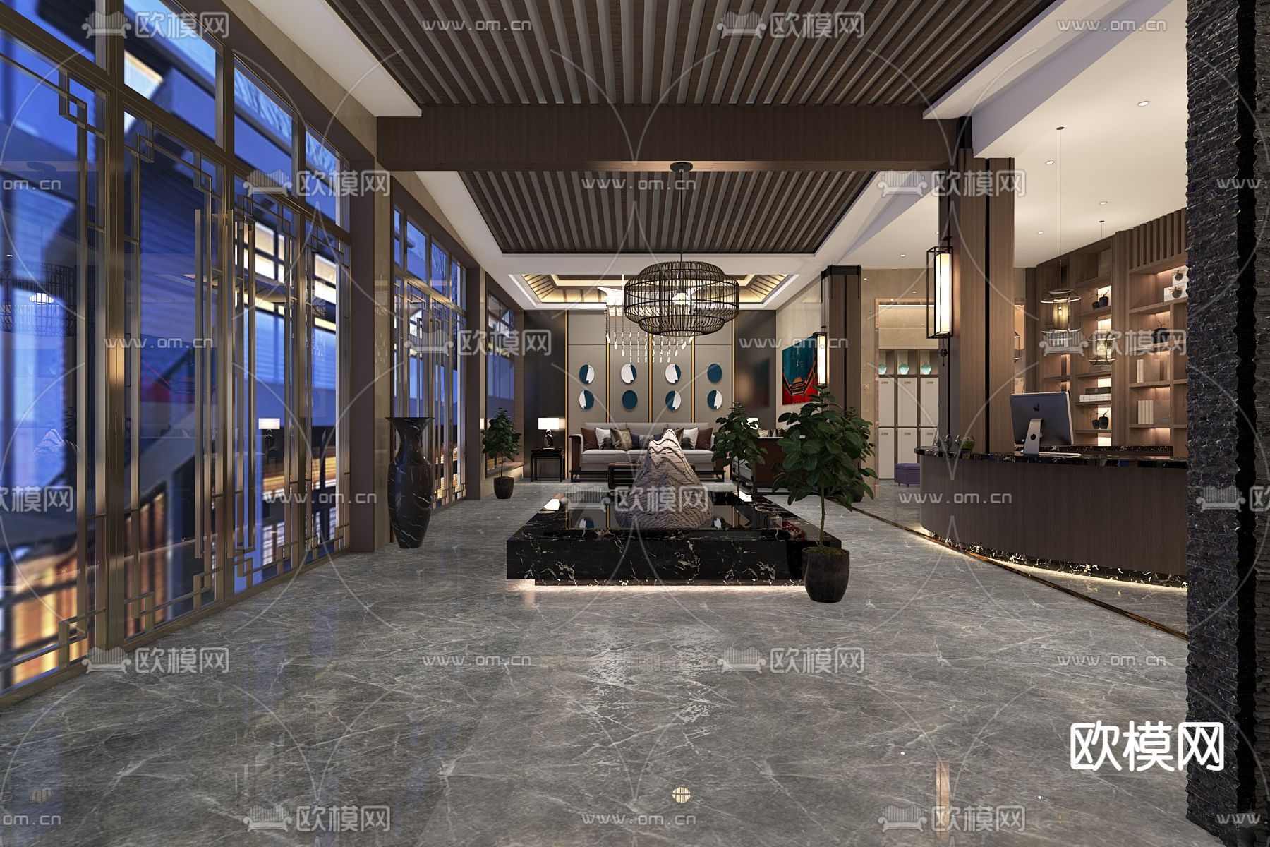 新中式洗浴中心大厅su模型下载（渲染图1）