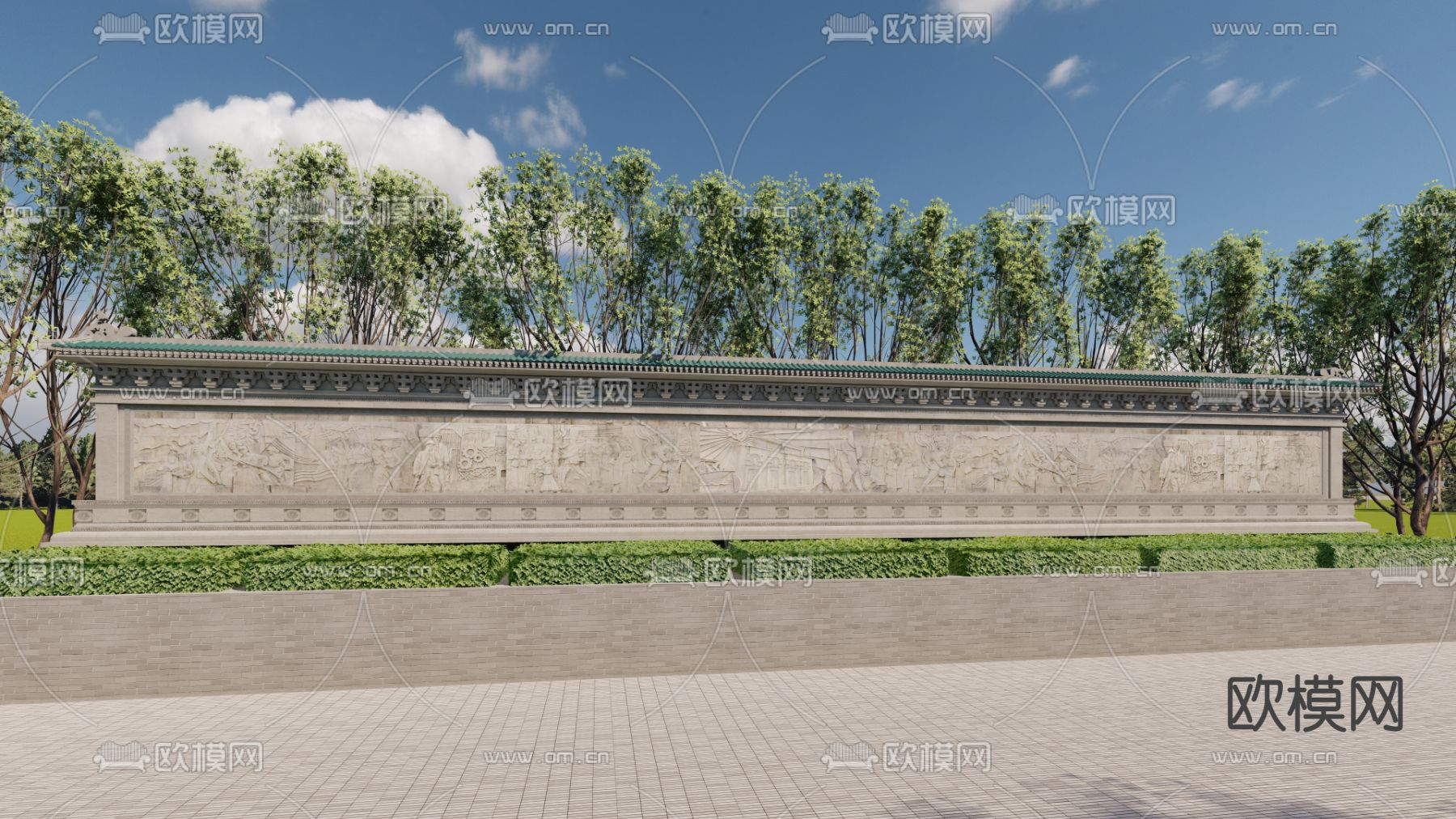 中式浮雕围墙 景墙su模型下载（渲染图1）