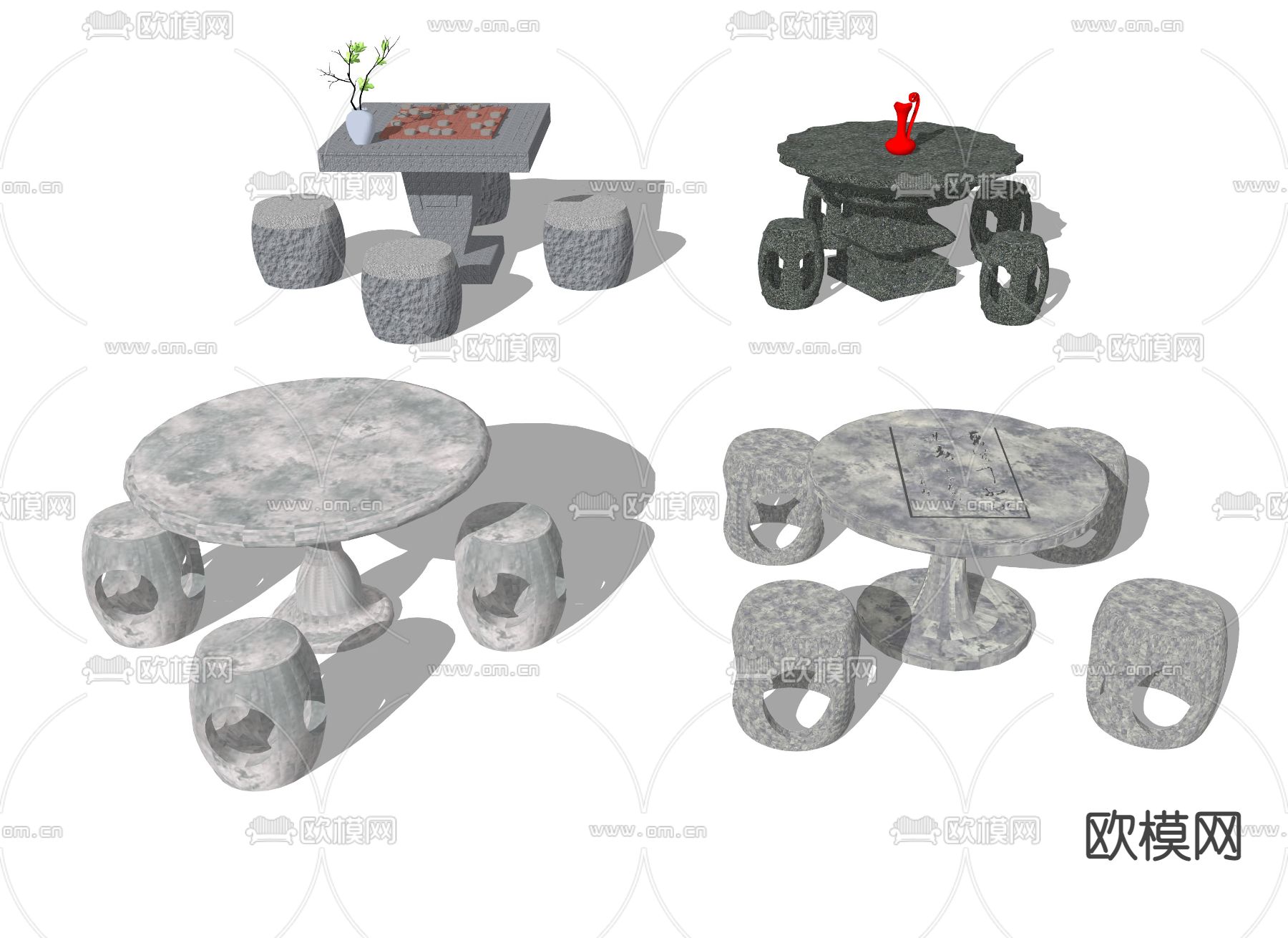新中式户外桌椅su模型
