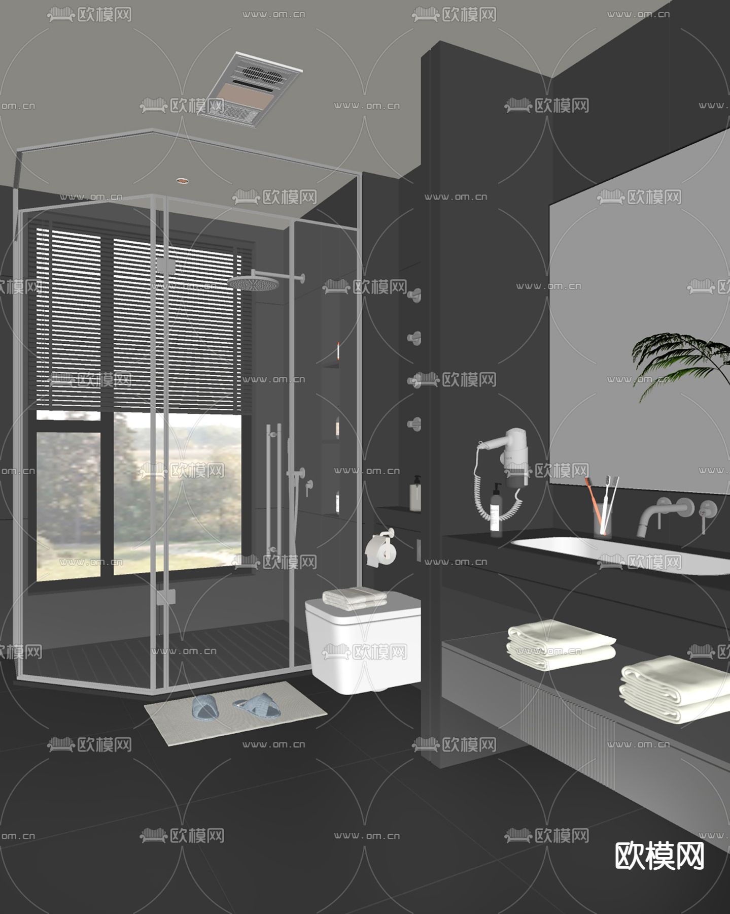 暗黑风卫生间 浴室su模型下载（渲染图2）
