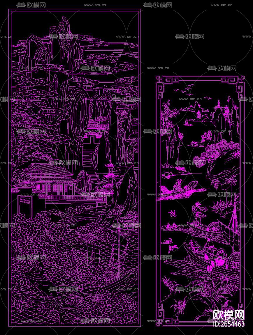 中式雕刻风景画CAD图库下载（渲染图4）