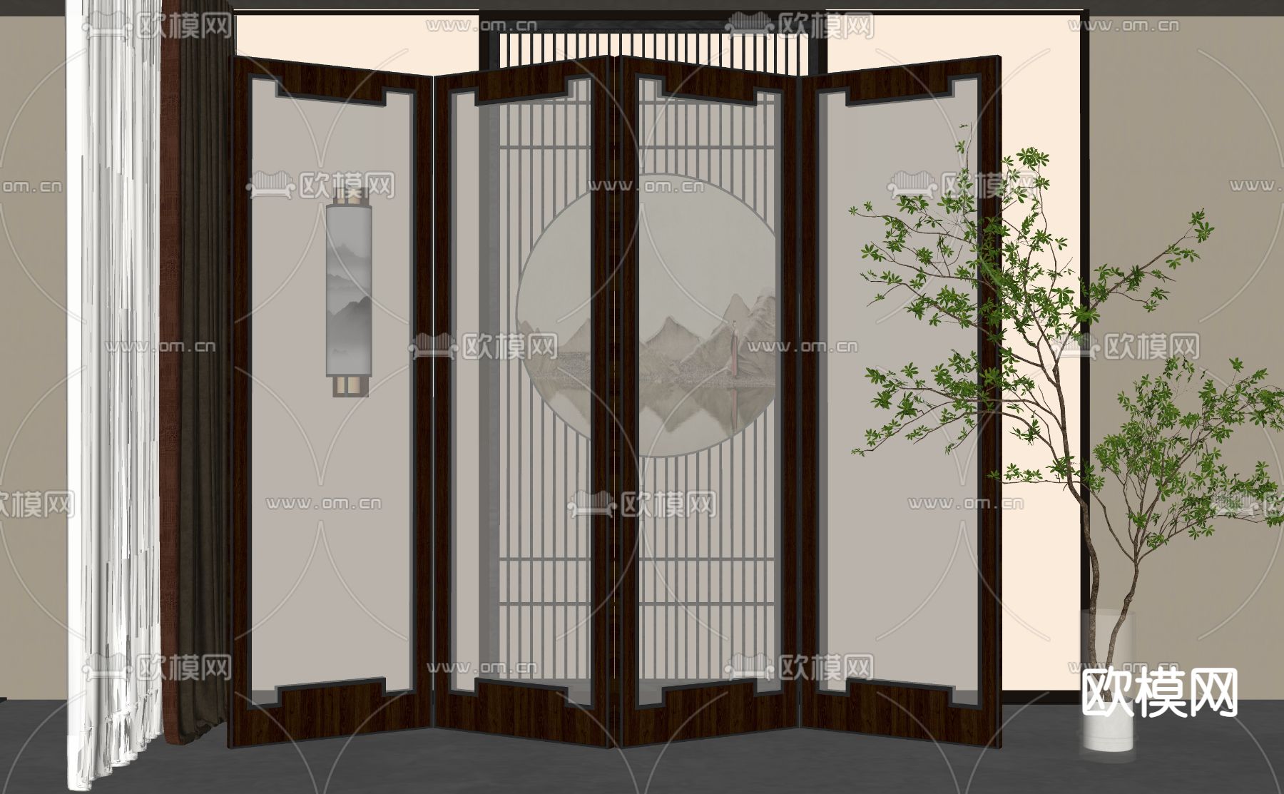 新中式屏风隔断su模型下载（渲染图2）