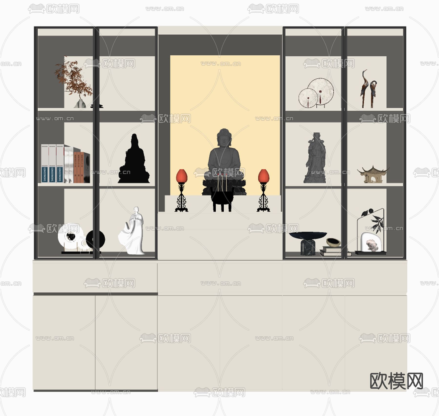 新中式佛龛柜su模型下载（渲染图2）