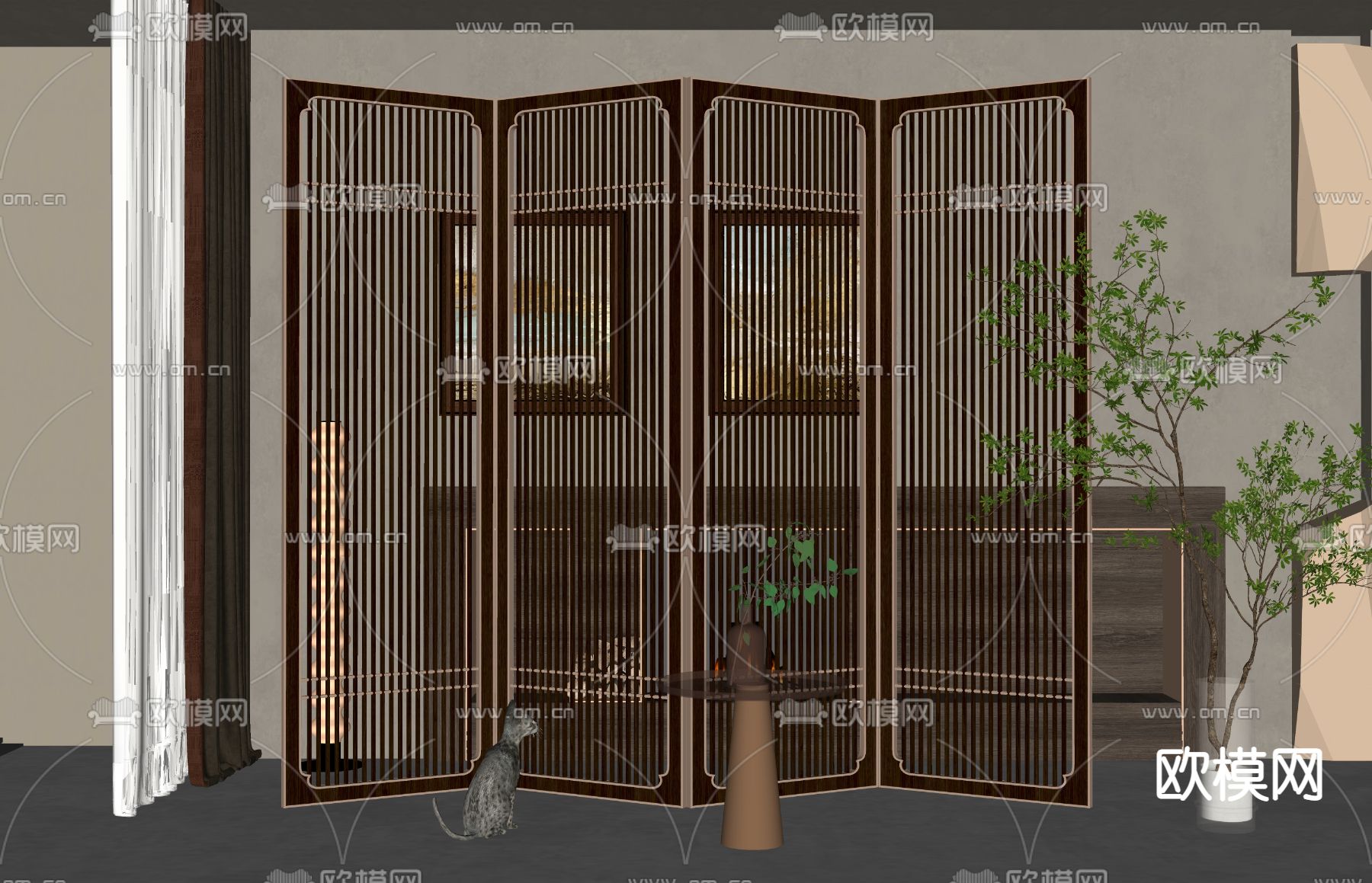 新中式屏风隔断su模型下载（渲染图2）