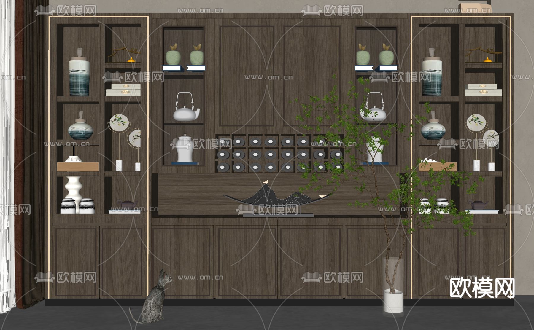 新中式酒柜su模型下载（渲染图2）