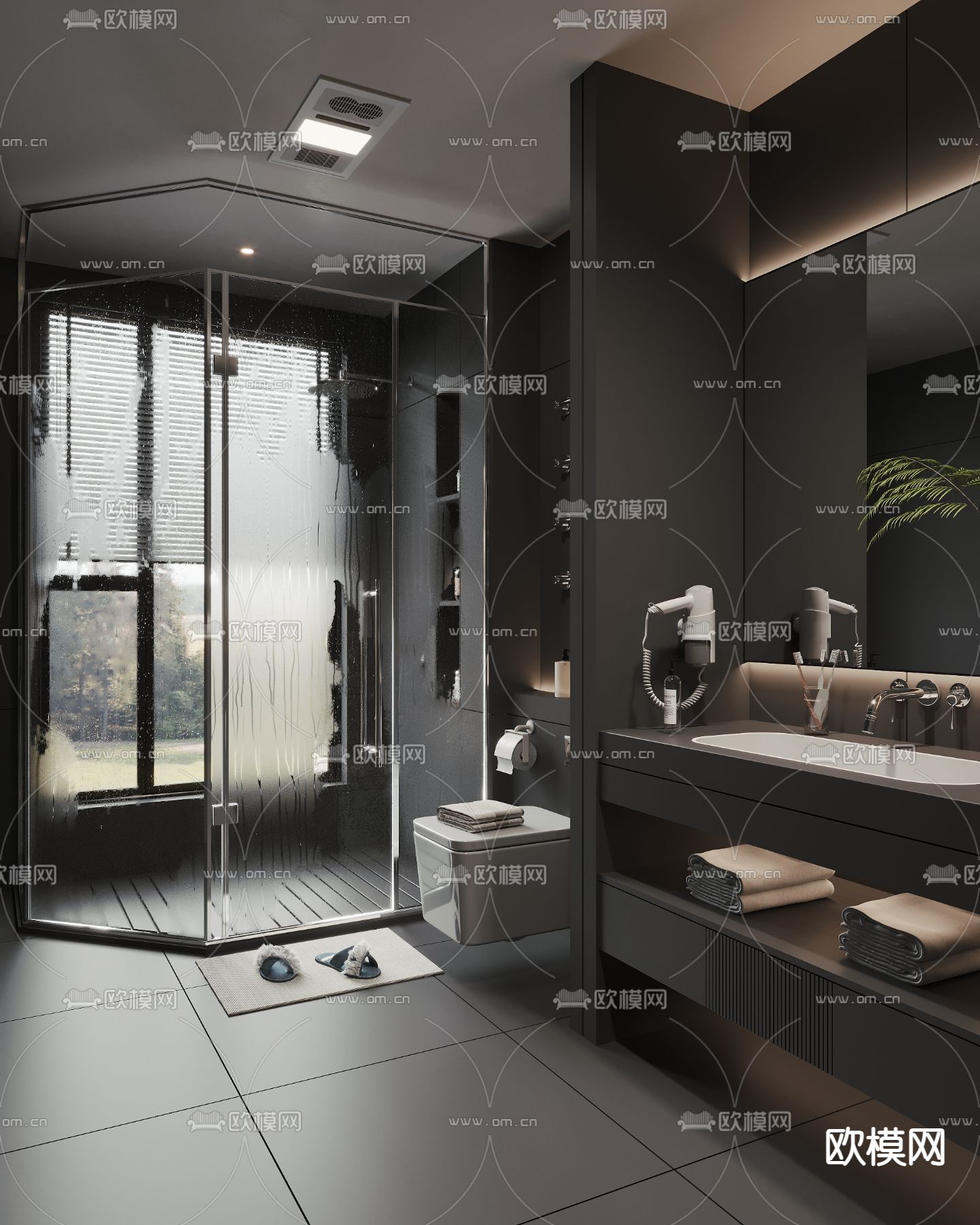 暗黑风卫生间 浴室su模型下载（渲染图1）