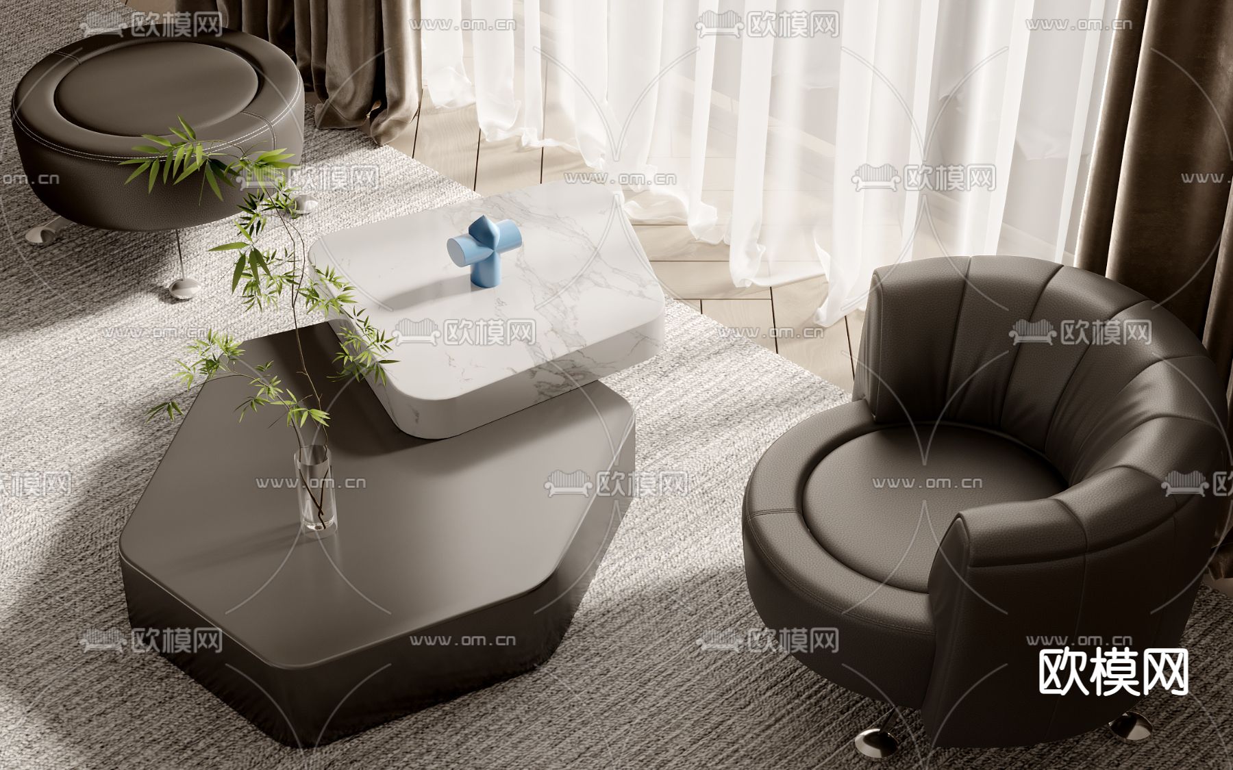暗黑风单人沙发  子母茶几su模型下载（渲染图1）