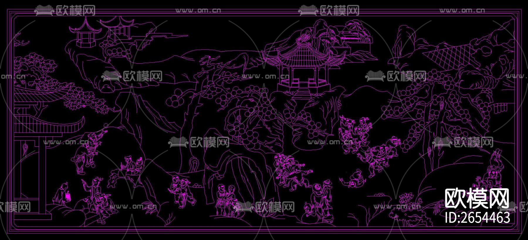 中式雕刻风景画CAD图库下载（渲染图2）