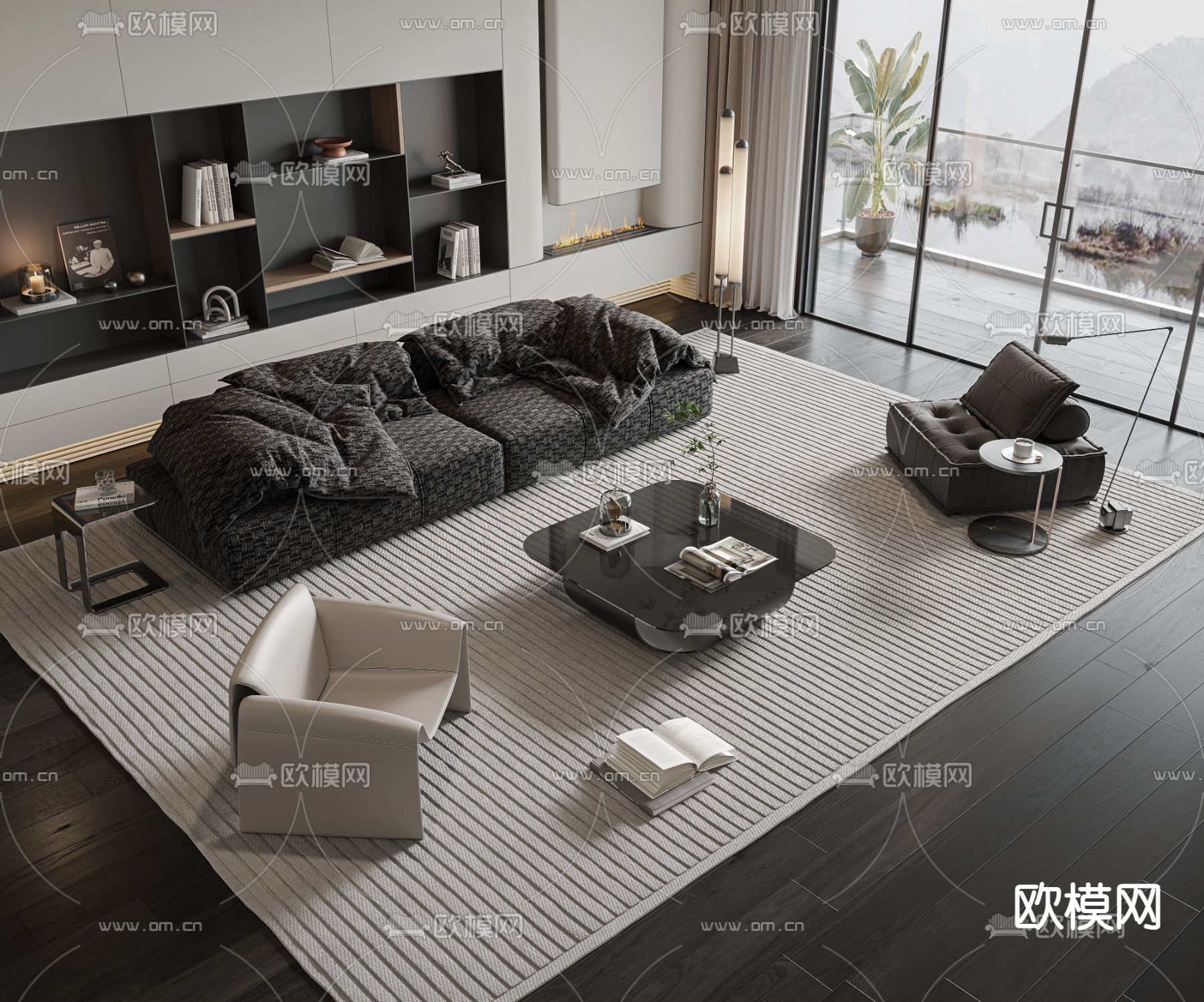 高级灰组合沙发su模型下载（渲染图1）