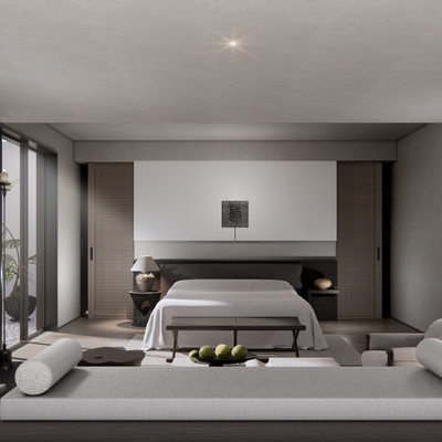  侘寂风酒店客房su模型 