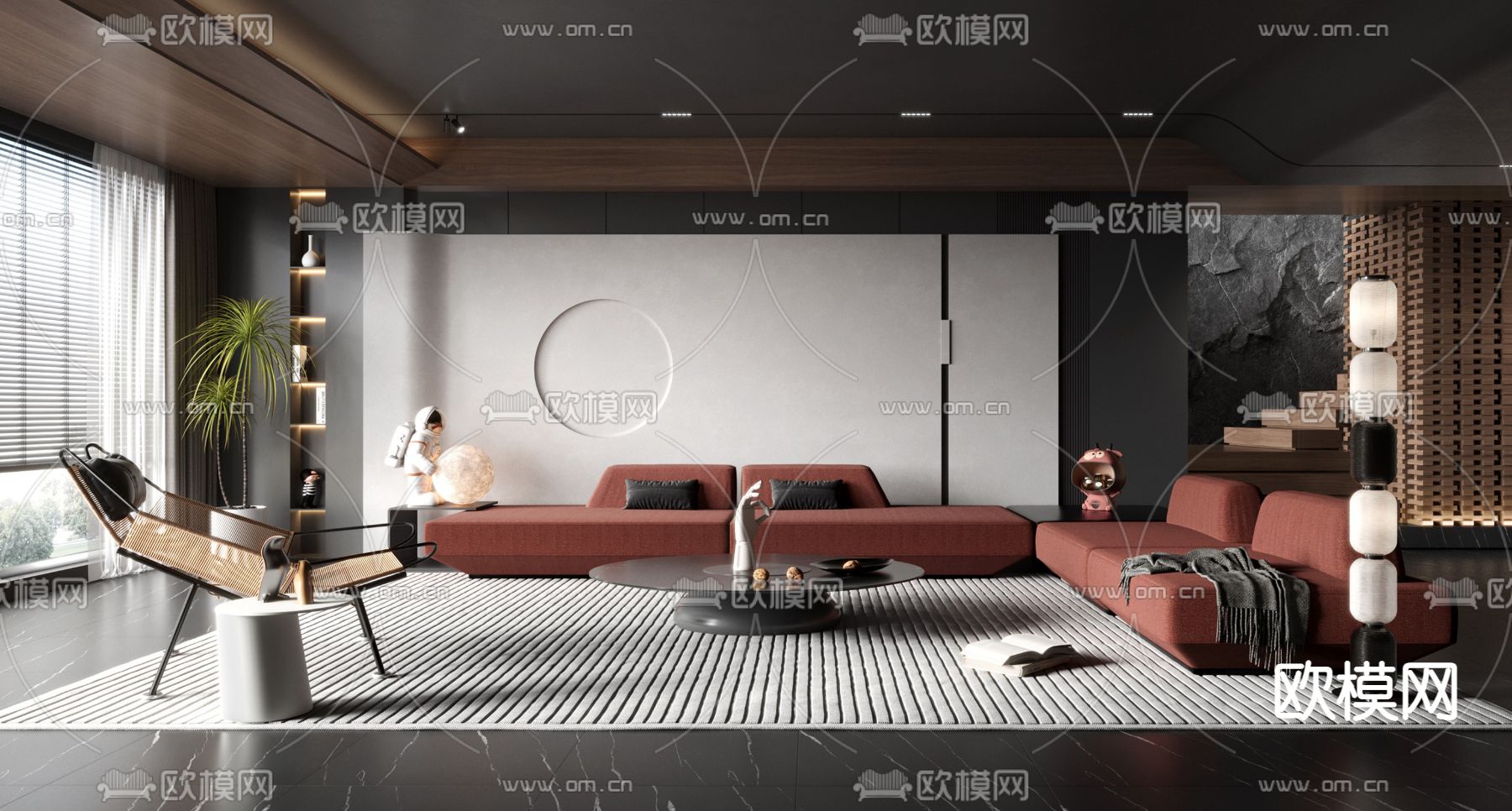 暗黑风客厅su模型下载（渲染图1）