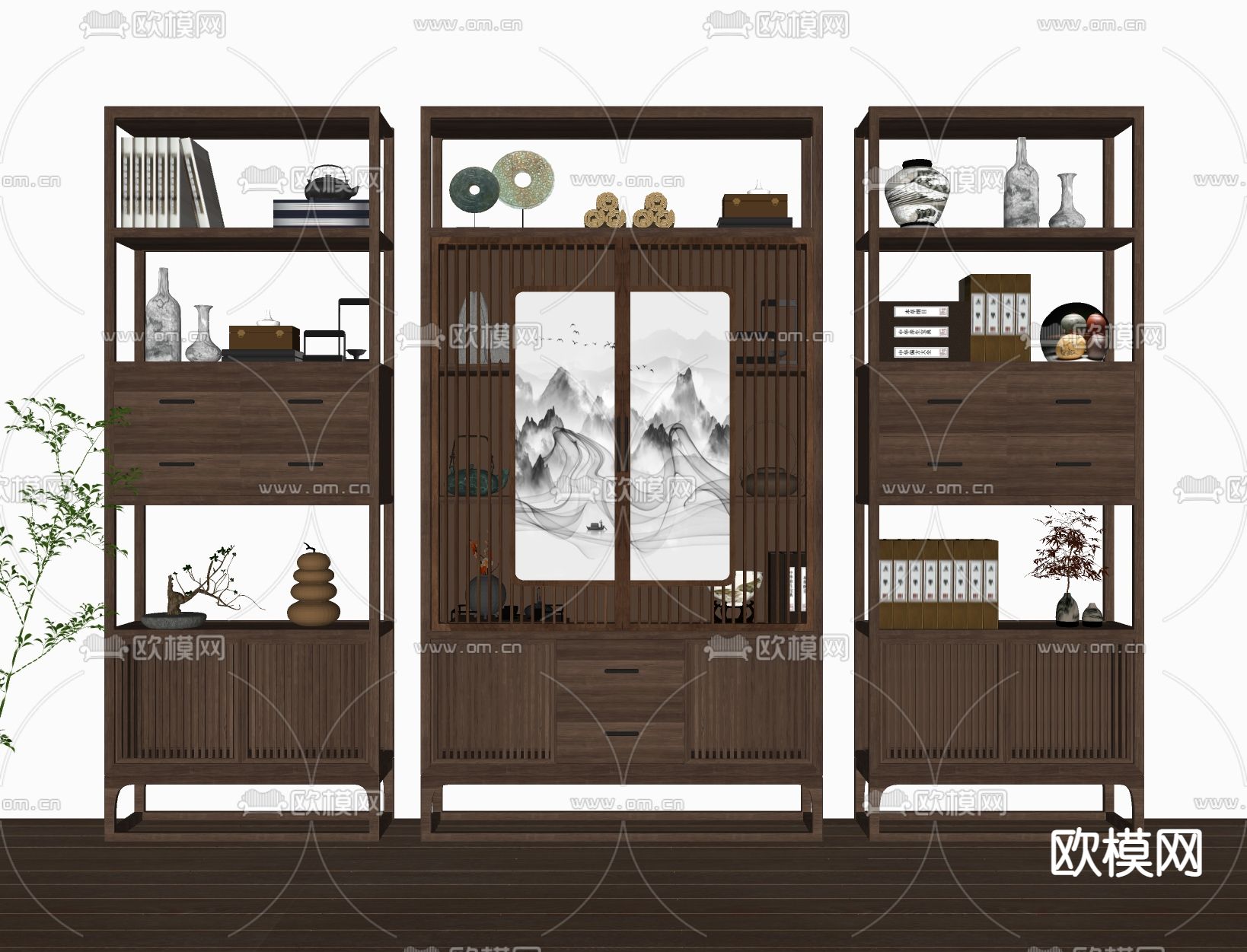 新中式博古架su模型下载（渲染图2）
