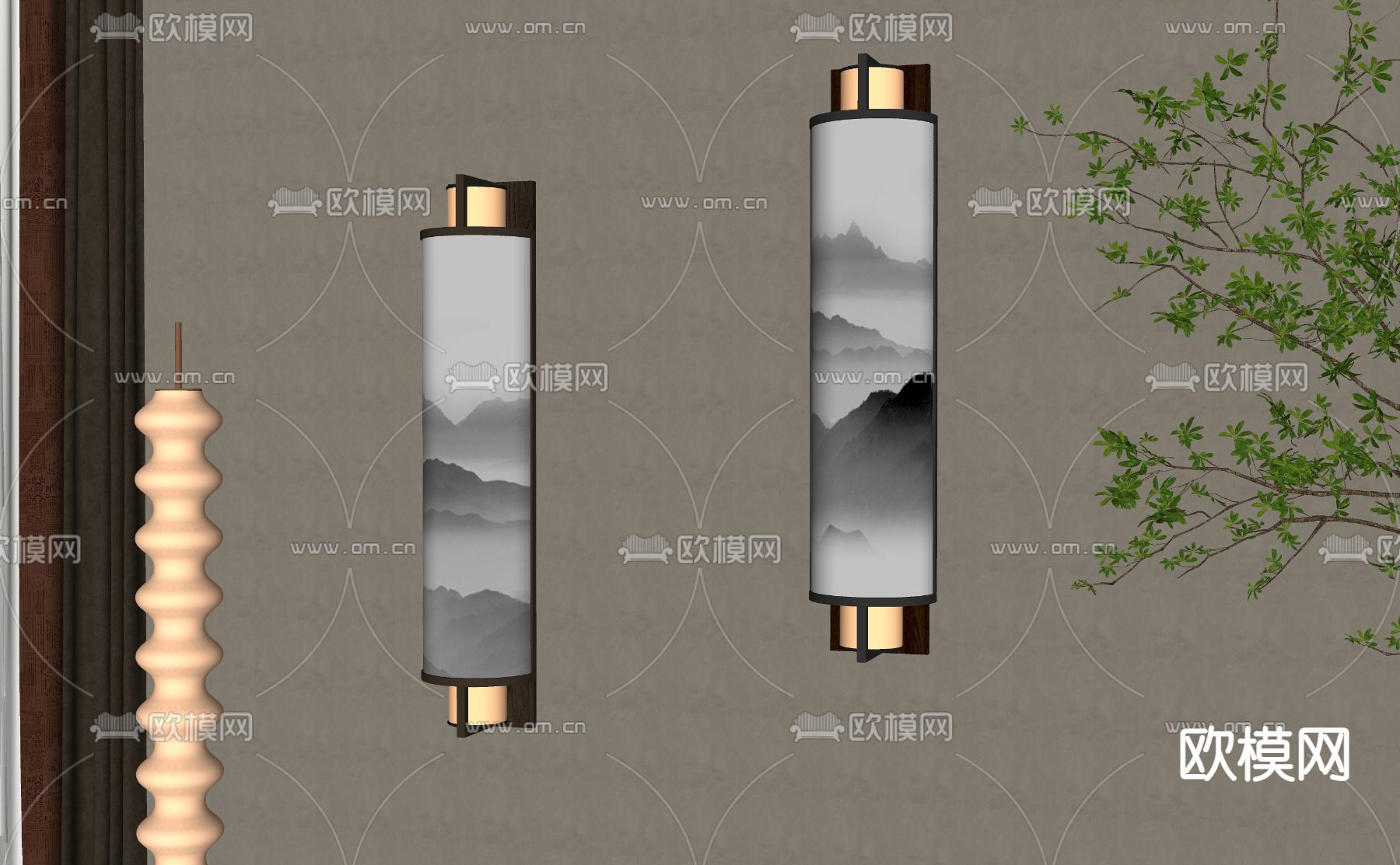 新中式壁灯su模型下载（渲染图2）