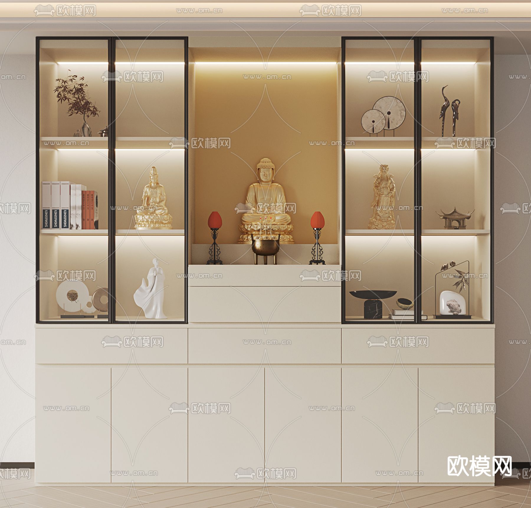 新中式佛龛柜su模型下载（渲染图1）